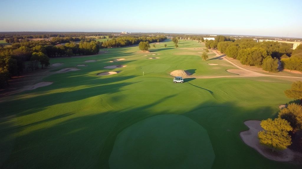 Panoramic view of championship golf course with rolling fairways, native trees bordering course, clear sky, maintenance equipment visible in distance, professional course conditioning evident