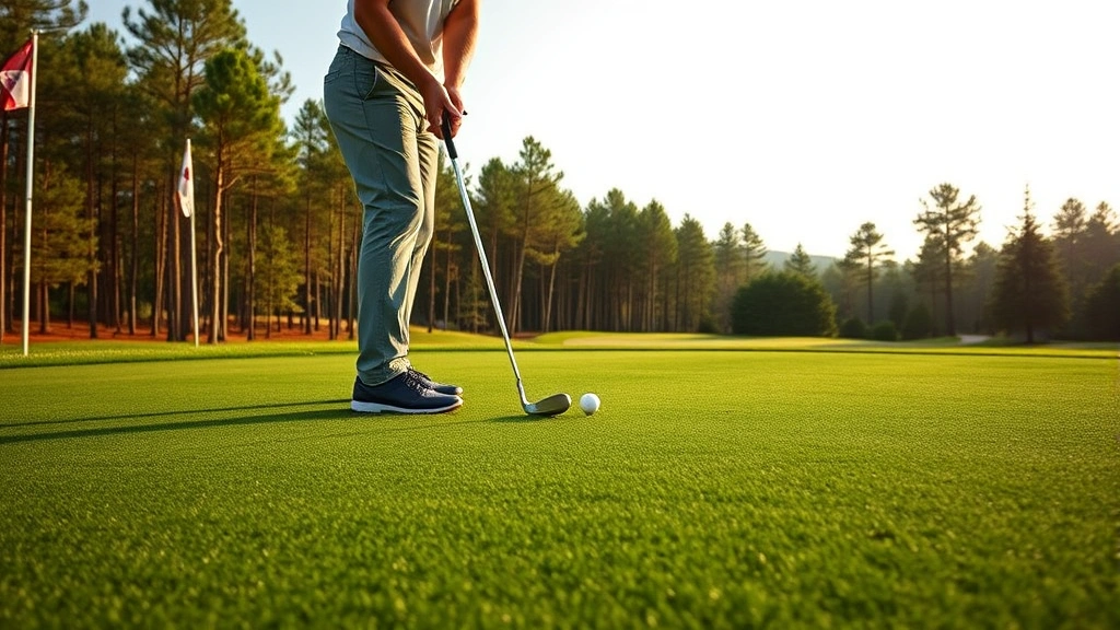 Golfer on green with putter, reading break on perfectly maintained tournament-quality grass, scenic wooded backdrop, afternoon lighting