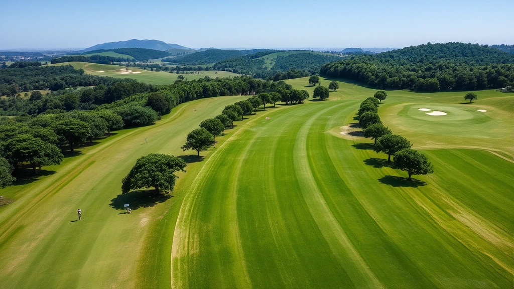 Aerial view of lush green fairways with mature trees lining both sides, gentle rolling hills, bunkers visible in distance, clear blue sky, natural landscape photography