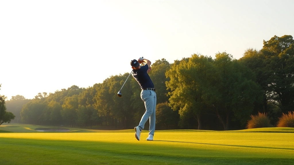 Golfer mid-swing on fairway with manicured grass and tree line, morning sunlight, natural landscape, no people visible except golfer