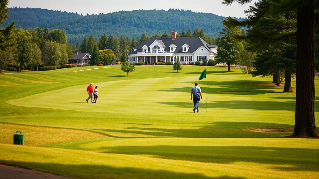 Golfers walking on manicured fairway approaching green with flagstick, scenic clubhouse visible in background, well-maintained rough and fairway contrast, natural daylight