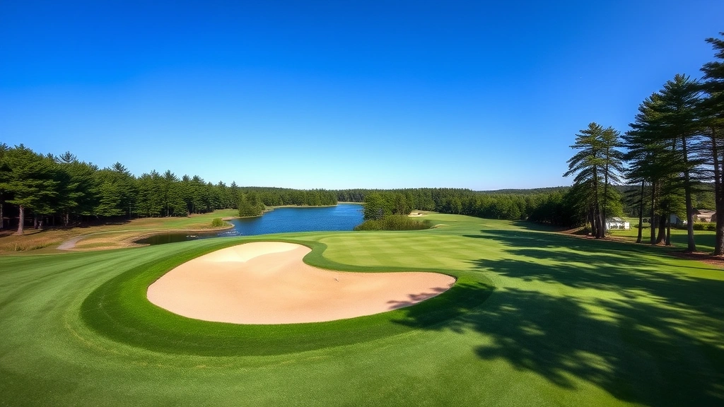 Wide aerial view of golf course hole with sand bunker, green fairway, water hazard, trees, clear sky, scenic New England landscape