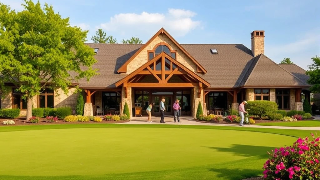 Elegant clubhouse exterior with stone and wood architecture, putting green in foreground with golfers practicing, landscaped grounds with flowering shrubs, welcoming entrance
