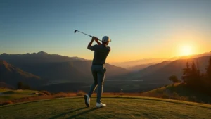 Golfer mid-swing on elevated tee box overlooking mountain valley, professional golf course architecture, natural landscape, golden hour lighting, clear blue sky