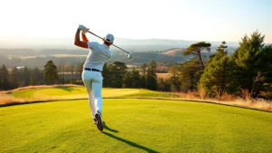Golfer mid-swing on elevated fairway with natural terrain, trees and distant landscape visible, morning light, realistic photography style