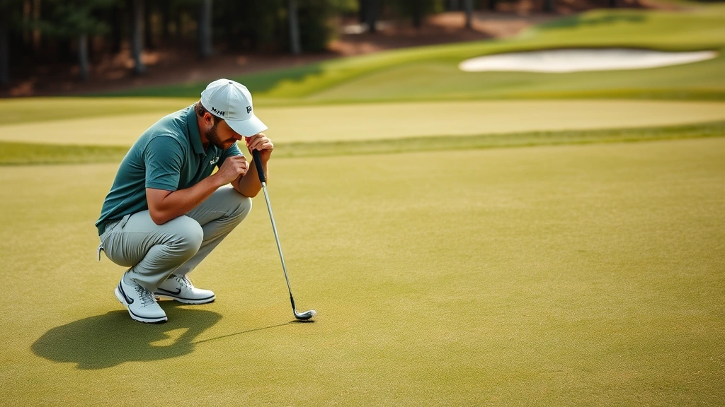 Golfer crouching to read green, analyzing putt line, manicured putting surface with subtle breaks, bunkers visible in background, professional course maintenance