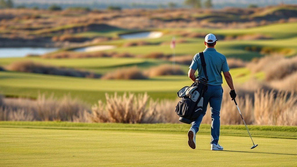 Golfer walking fairway carrying bag, natural landscape with bunkers and water hazard visible in background, afternoon lighting, authentic course setting