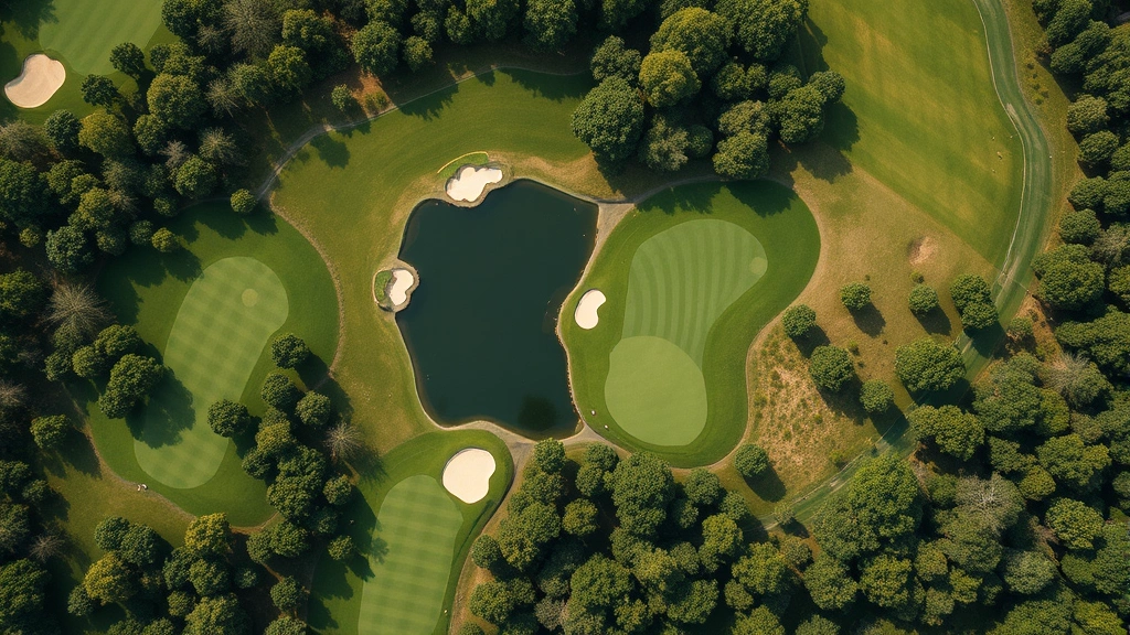 Aerial view of golf hole with strategic water hazard, fairway routing through trees, elevation changes visible, championship course design, landscape photography