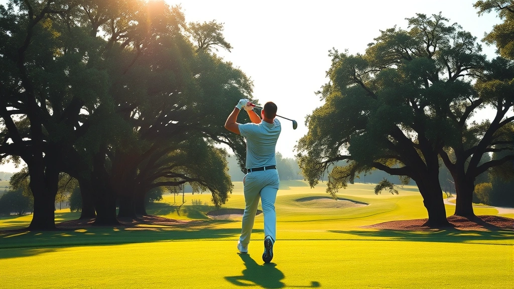 Professional golfer mid-swing on manicured fairway surrounded by mature oak trees, morning sunlight casting long shadows, pristine green in background, realistic photo