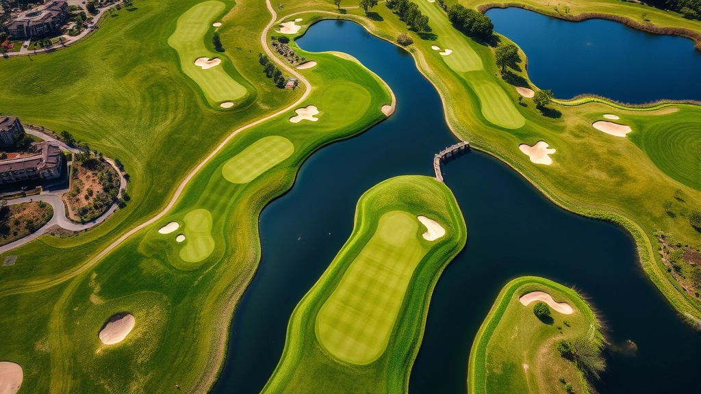 Aerial view of a pristine golf course with manicured fairways, greens, and water features, showing diverse turf conditions and landscaping design in natural daylight