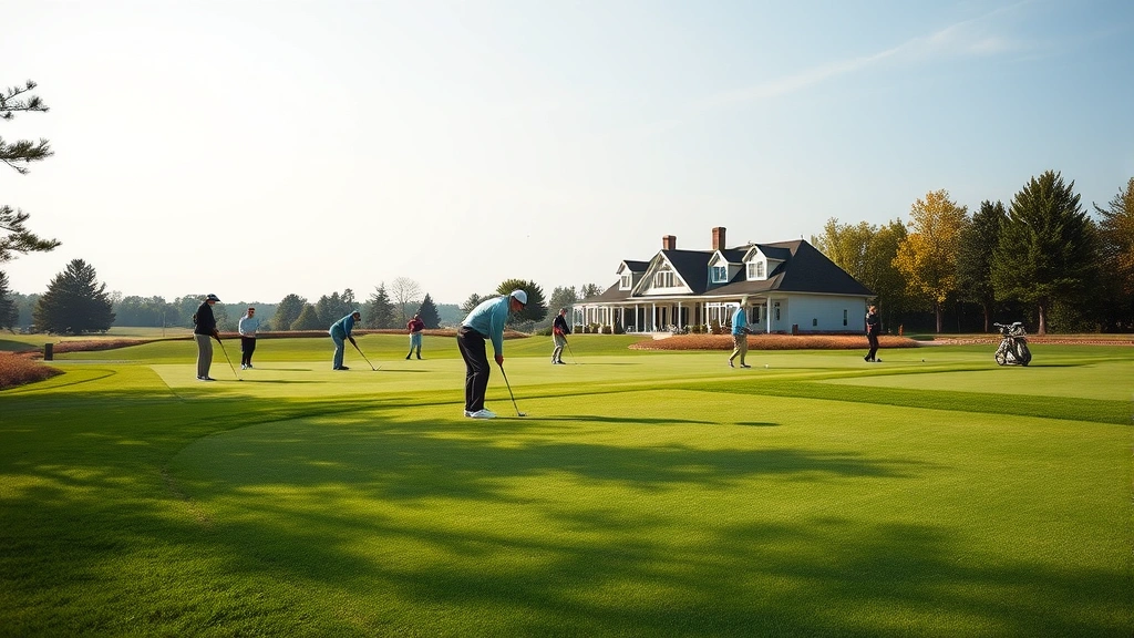 Well-maintained golf practice range with multiple golfers hitting balls, distance markers visible, clubhouse structure in soft-focus background, natural lighting, photorealistic