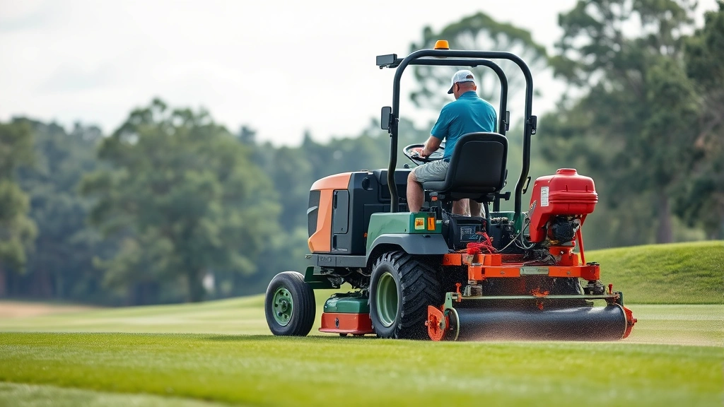 Golf course maintenance crew operating professional turf care equipment on a fairway, demonstrating modern grounds maintenance practices and equipment technology