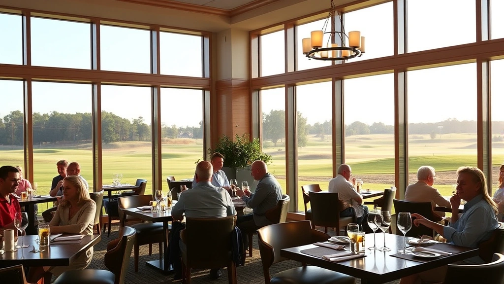 Upscale golf club dining room with large windows overlooking course, comfortable seating, members socializing with beverages, warm afternoon light through windows, realistic photography