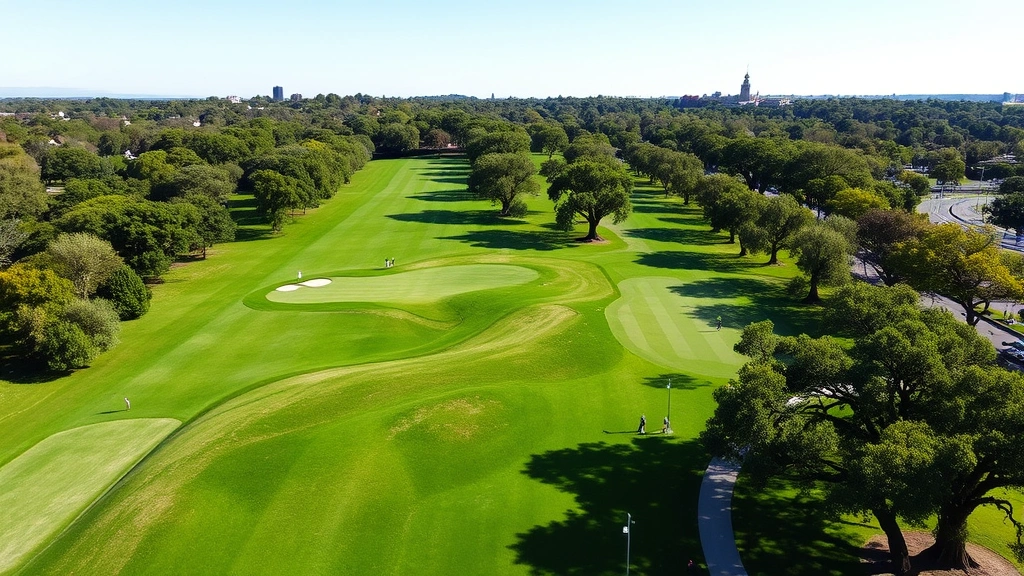 Aerial view of lush green fairways winding through mature oak trees in a public park setting, with golfers walking on manicured grass under blue sky