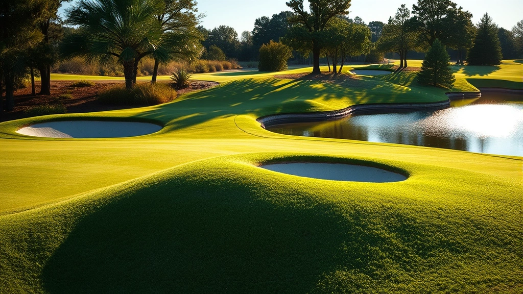 Close-up of a pristine golf green with sand bunkers and natural water hazard reflecting sunlight, surrounded by native Texas vegetation and trees