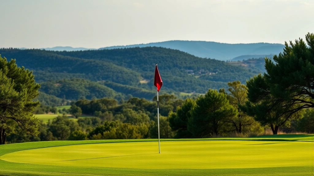 Beautiful golf course green with flag stick, surrounding landscape, manicured turf, Hill Country terrain visible, professional course photography