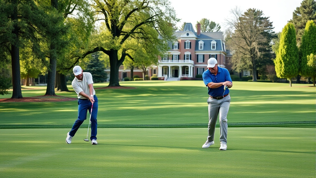 Golfers of mixed ages and backgrounds enjoying a round together on a well-maintained fairway, with historic clubhouse visible in the background among park trees