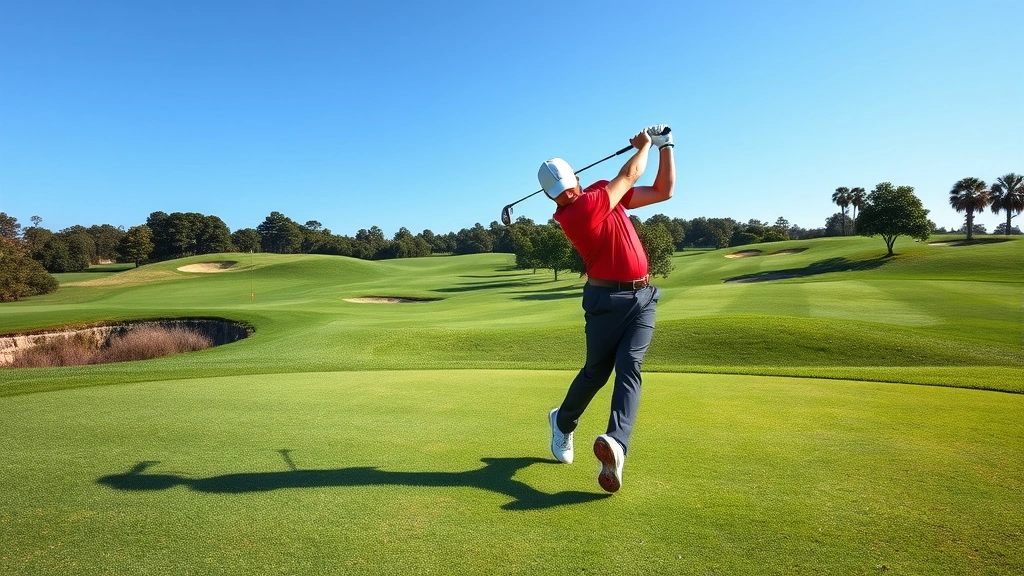 Professional golfer mid-swing on a beautiful golf course with manicured fairways, lush green grass, and clear blue sky, capturing the athletic motion and form during the downswing phase