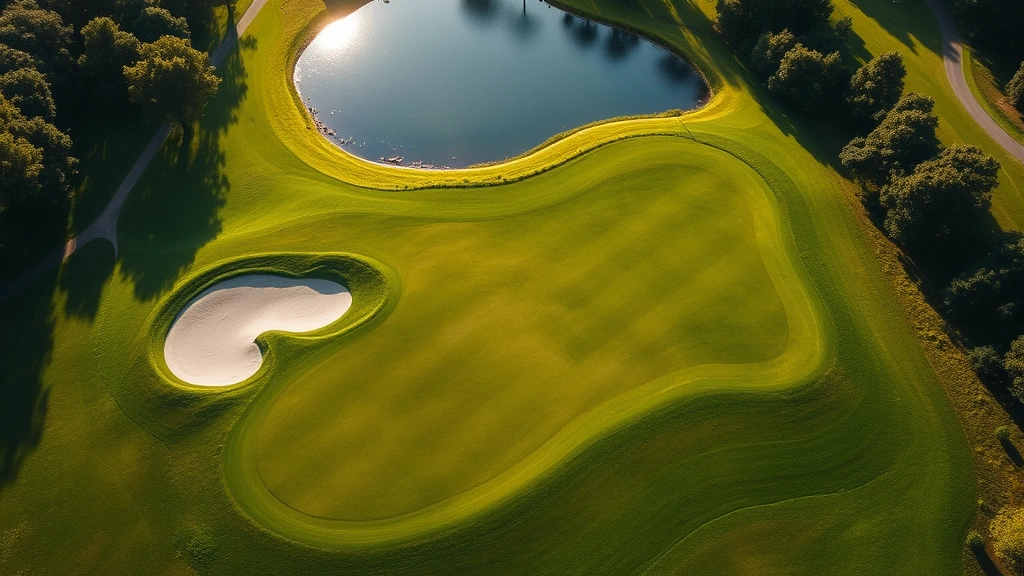 Aerial view of lush green golf fairway with sand bunkers and water hazard reflecting sunlight, trees lining the course edges, professional landscaping maintenance visible