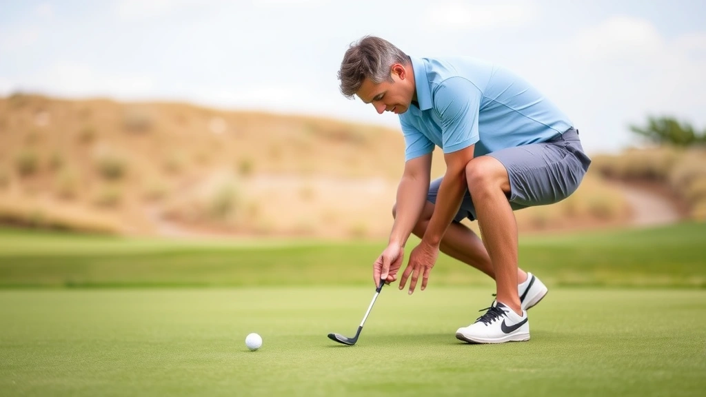 Golfer practicing on a putting green, focusing intensely on reading the green break, wearing polo shirt and golf shoes, demonstrating short-game concentration and technique