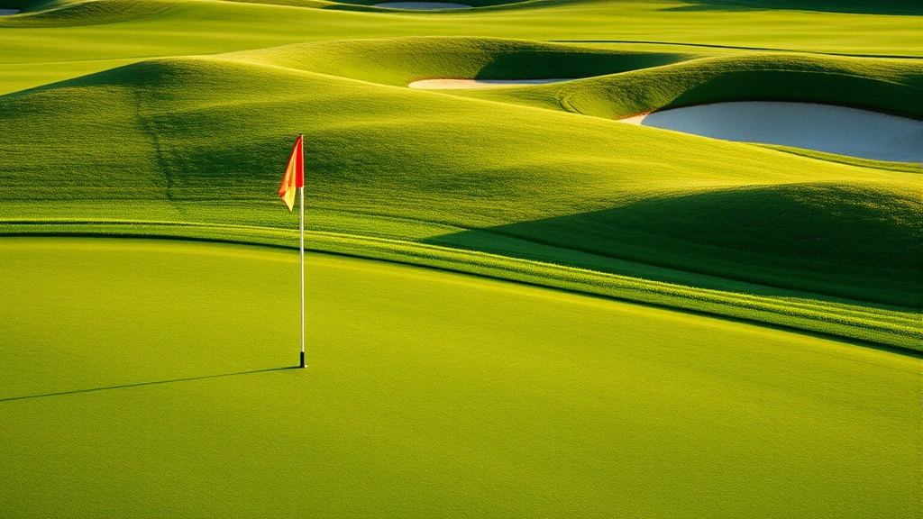 Close-up of pristine golf green with multiple flag pins, smooth manicured surface, surrounding fairway with natural slope variations, morning dew glistening on grass