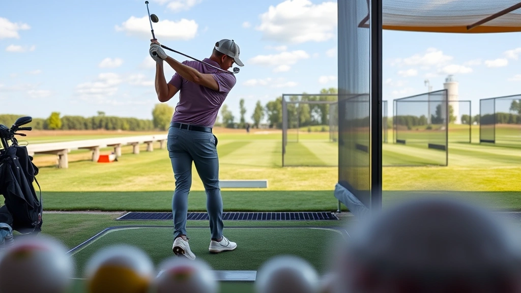 Fit golfer at driving range hitting ball with driver, showing proper stance and posture, with golf balls visible in foreground and practice bay setting in background, demonstrating fundamental mechanics
