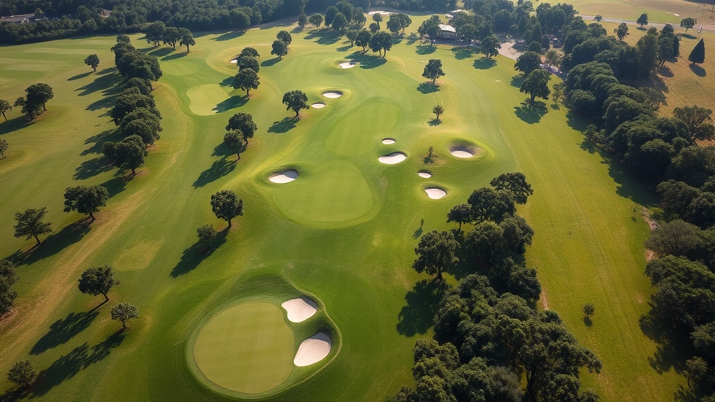 Overhead aerial view of a lush championship golf course with perfectly manicured fairways, multiple bunkers, and tree-lined holes under bright daylight, no golfers visible