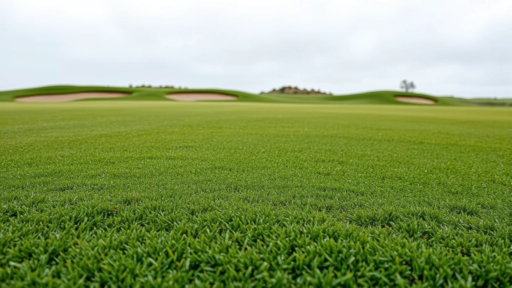 Close-up of a pristine putting green with undulating contours, morning dew on grass, bunkers in background, overcast sky, photorealistic landscape