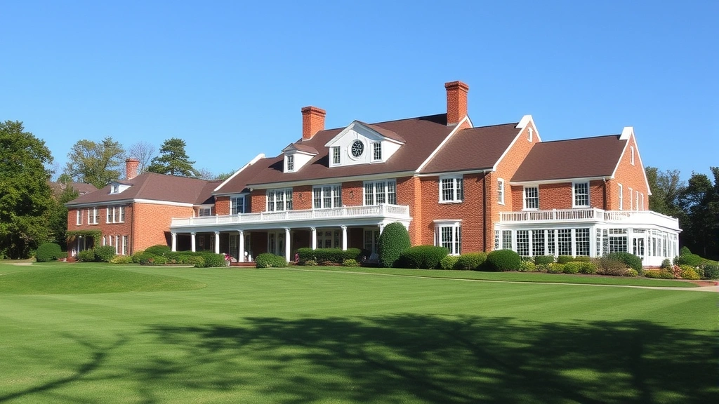 Historic brick clubhouse with white trim overlooking a golf course fairway, manicured grounds, clear day, traditional New England architecture style