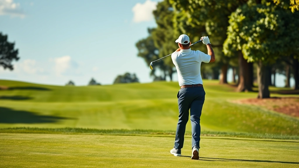 Professional golfer executing perfect swing on lush fairway with manicured greens in background, natural daylight, photorealistic