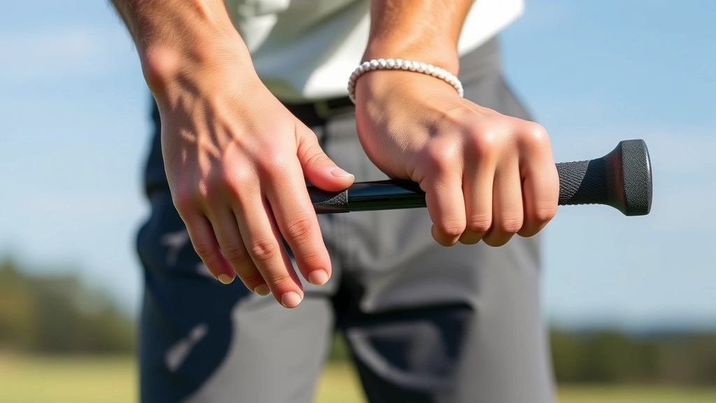 A golfer demonstrating proper grip position with hands on a golf club, showing the overlapping grip technique with clear hand positioning and finger placement details