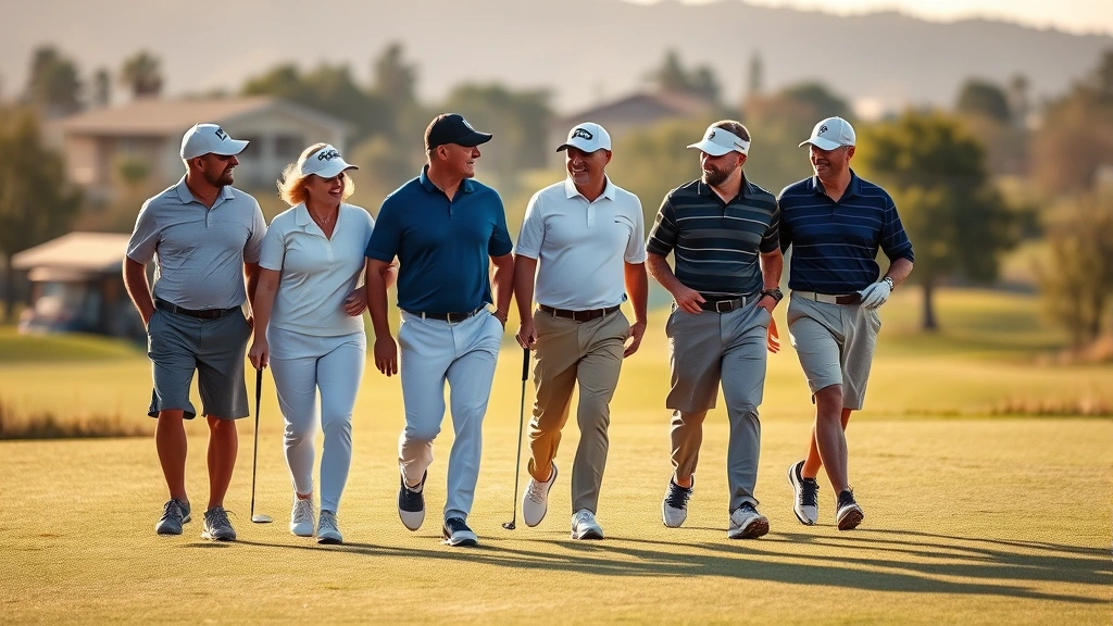 Diverse group of golfers walking together on scenic golf course, discussing strategy, warm afternoon light, authentic golfing community