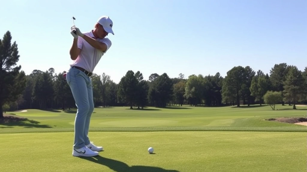 A golfer in perfect address position showing proper stance width, ball position, and athletic posture with shoulders aligned parallel to target line at a manicured golf course