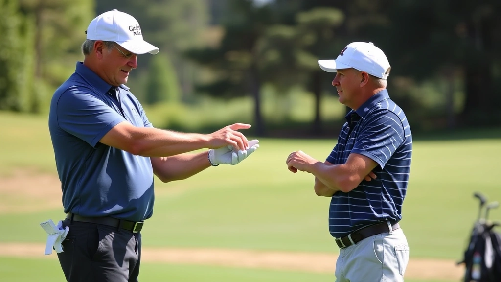 Golf instructor demonstrating proper grip and stance technique to attentive student golfer, practice range setting, clear instruction moment