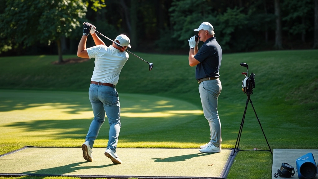 Adult golfer mid-swing on driving range with instructor observing, natural lighting, lush green grass, professional teaching environment, realistic sports photography
