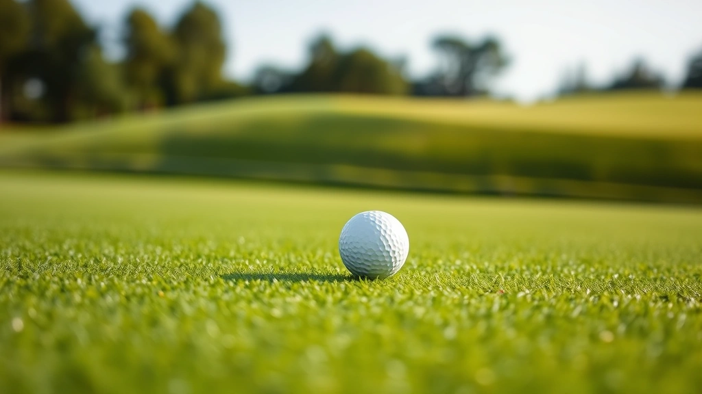 Close-up of pristine putting green with perfect turf texture, golf ball on the green, and fairway in background, showing exceptional maintenance and grooming quality