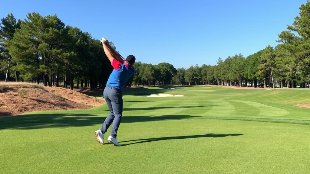 Golfer mid-swing on fairway with clear sky, manicured rough areas visible, trees framing the hole, and natural topography creating strategic challenges without artificial obstacles