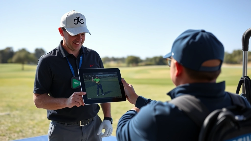 Golf instructor using tablet to show video swing analysis to student at practice facility, both looking at screen, professional instructional setting, natural outdoor lighting, educational technology in action