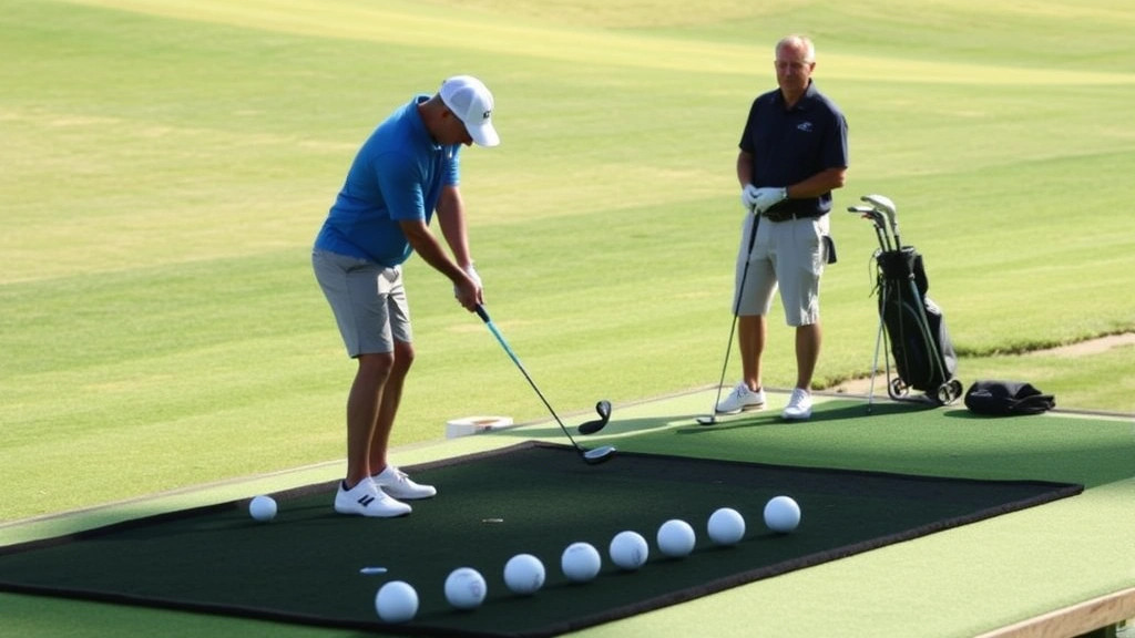 Golfer at practice range with multiple golf balls lined up, concentrating on swing mechanics with golf instructor nearby supervising, natural daylight, green fairway background