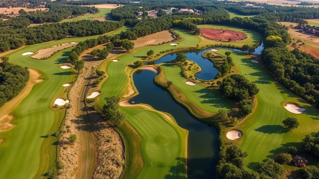 Aerial view of a beautifully designed 18-hole golf course with varied terrain, water features, strategic bunkering, and lush fairways transitioning through trees and natural landscape