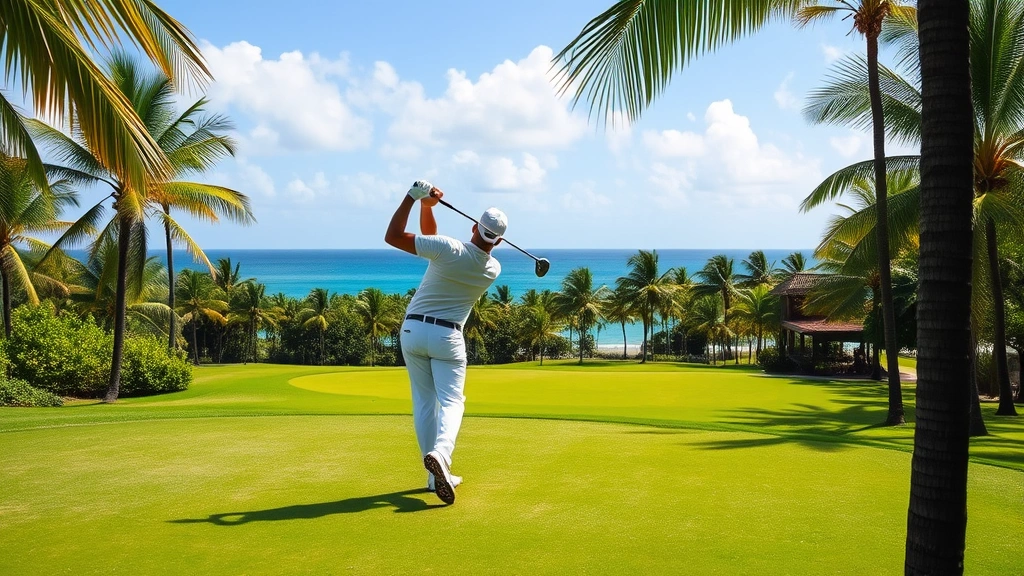 Professional golfer mid-swing on lush tropical golf course with Caribbean Sea visible in distant background, vibrant green fairway, palm trees framing the scene