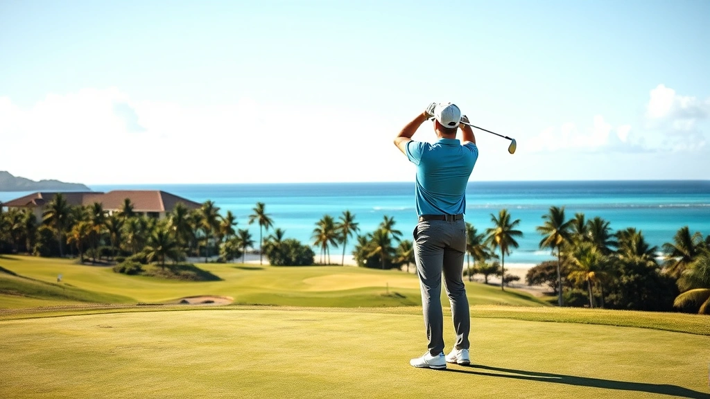 Professional golfer in tropical resort setting standing on manicured fairway, turquoise Caribbean Sea visible on horizon, palm trees and resort architecture in background, sunny tropical day