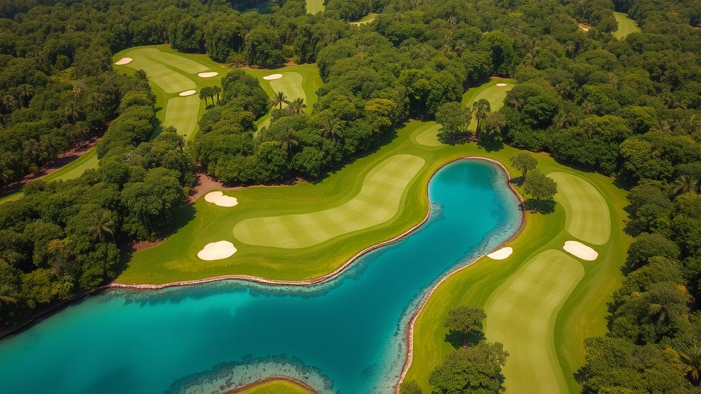 Aerial view of championship golf course winding through dense jungle vegetation with bright blue cenote water feature, manicured fairways contrasting natural landscape