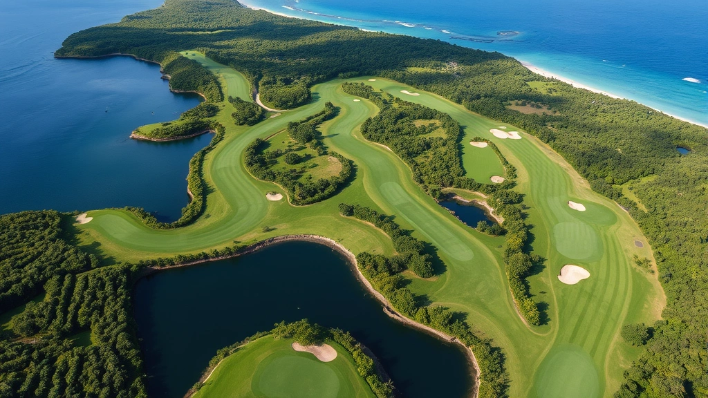 Aerial view of championship golf course layout in tropical setting, multiple fairways with strategic water hazards, dense vegetation surrounding course, Caribbean coastline visible, professional maintenance evident