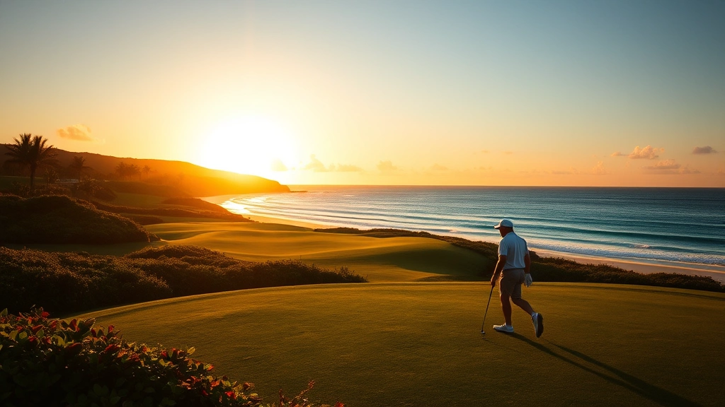 Golfer walking along oceanfront fairway during golden hour sunset, turquoise water and white sand visible, tropical vegetation surrounding course, peaceful evening lighting