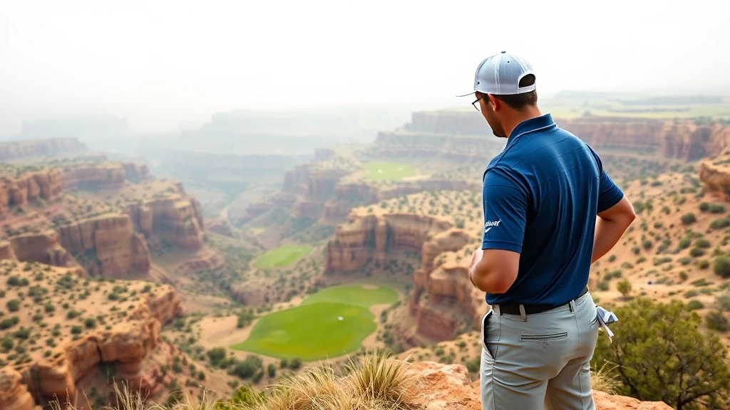 Professional golfer analyzing canyon terrain from elevated tee box, studying landscape and elevation changes, wearing golf attire with course in misty background