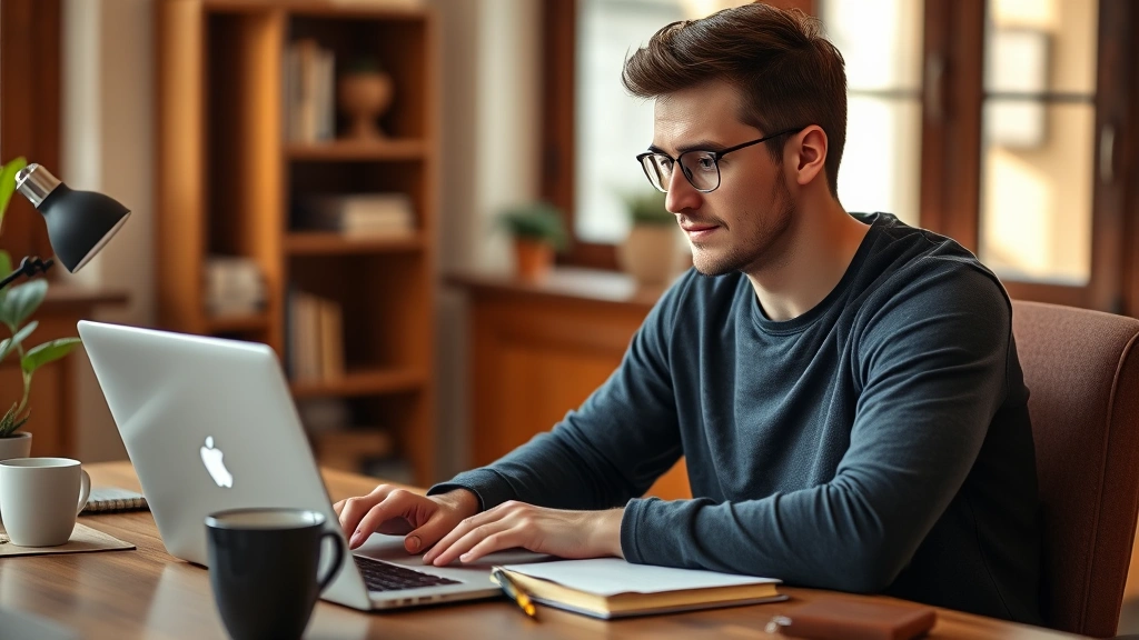 Adult learner sitting at desk with laptop and notebook, focused expression, natural lighting from window, warm home office environment, coffee cup nearby, engaged in online course