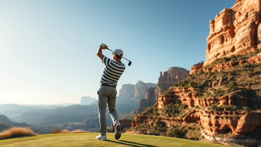 Golfer reading wind by observing flag movement at elevated canyon course, examining terrain features and natural formations, focused concentration in natural lighting