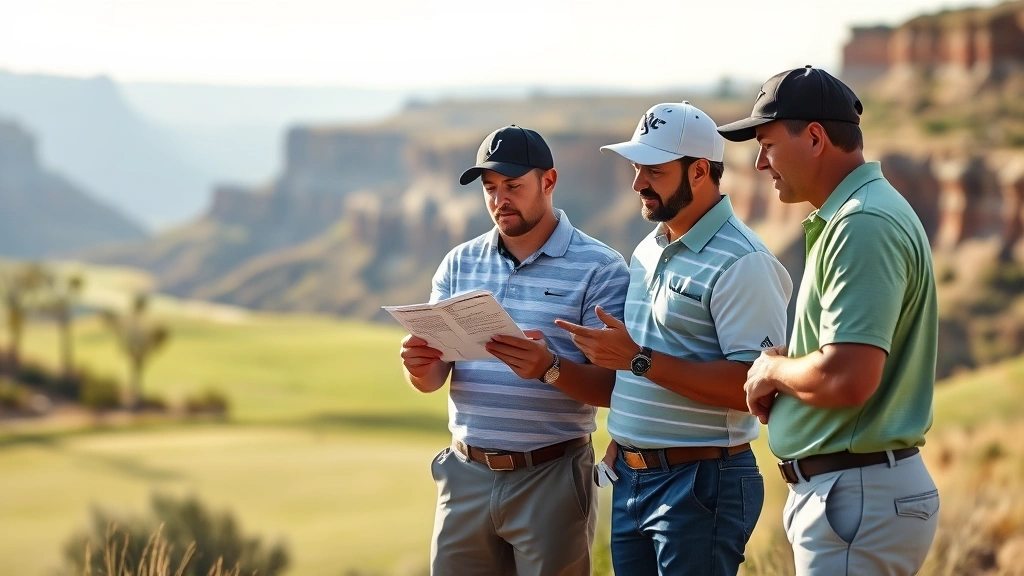 Group of golfers reviewing scorecard and strategy on challenging elevated hole, discussing course management with canyon walls visible in background, morning light