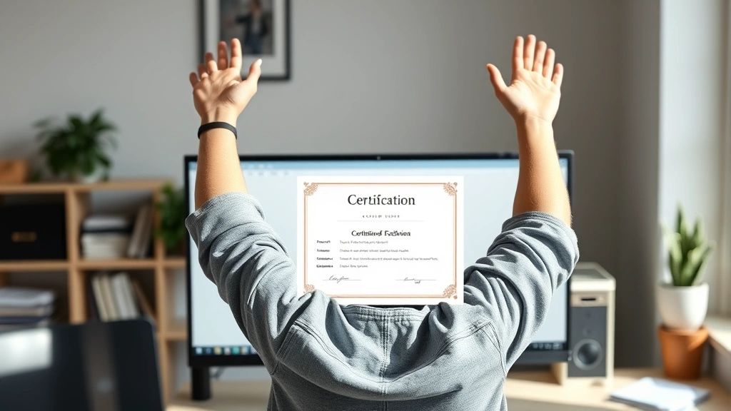 Student celebrating achievement in front of computer screen showing course completion certificate, arms raised in triumph, natural lighting, home study space in background, genuine happiness and accomplishment